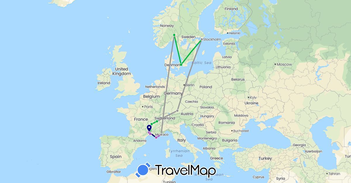 TravelMap itinerary: driving, bus, plane, train in Switzerland, Germany, Denmark, France, Norway, Sweden (Europe)
