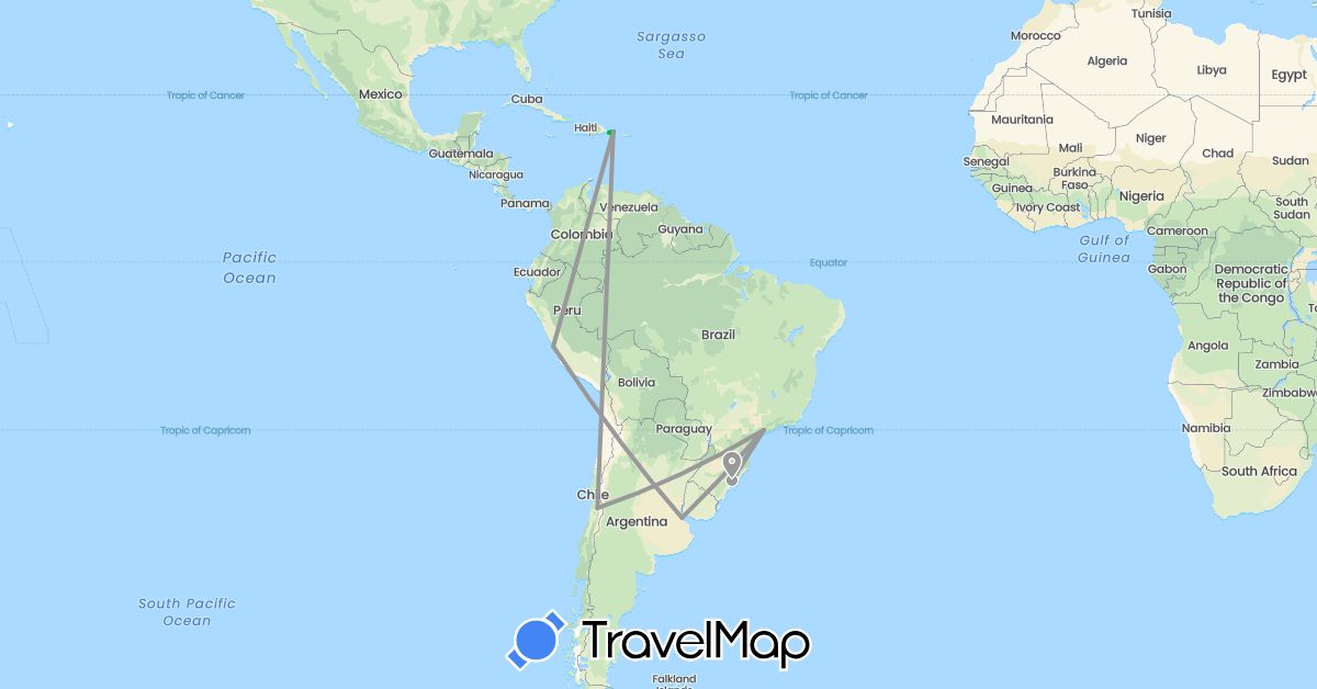TravelMap itinerary: driving, bus, plane in Argentina, Brazil, Chile, Dominican Republic, Peru (North America, South America)