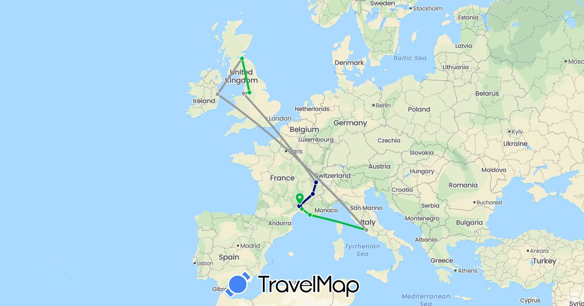 TravelMap itinerary: driving, bus, plane in Switzerland, France, United Kingdom, Ireland, Italy (Europe)