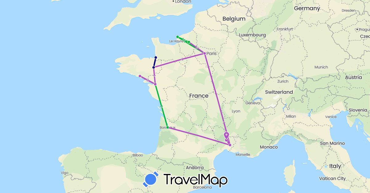 TravelMap itinerary: driving, bus, train in France (Europe)