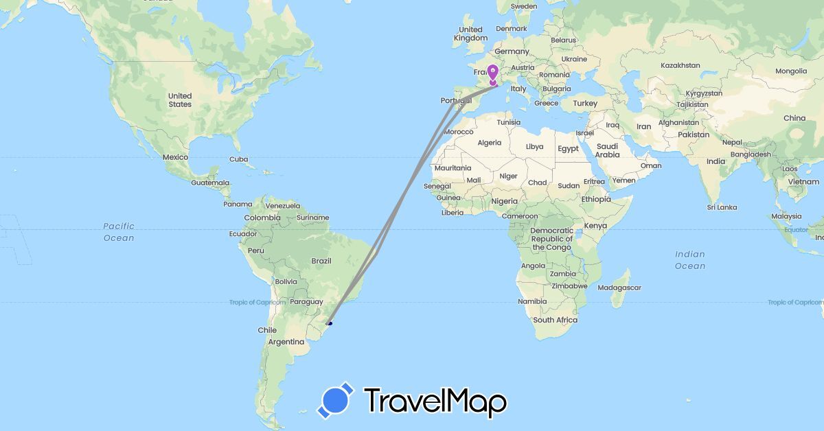 TravelMap itinerary: driving, plane, train in Brazil, Spain, France, Portugal (Europe, South America)