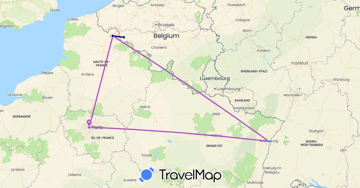 TravelMap itinerary: driving, cycling, train in Belgium, Germany, France (Europe)