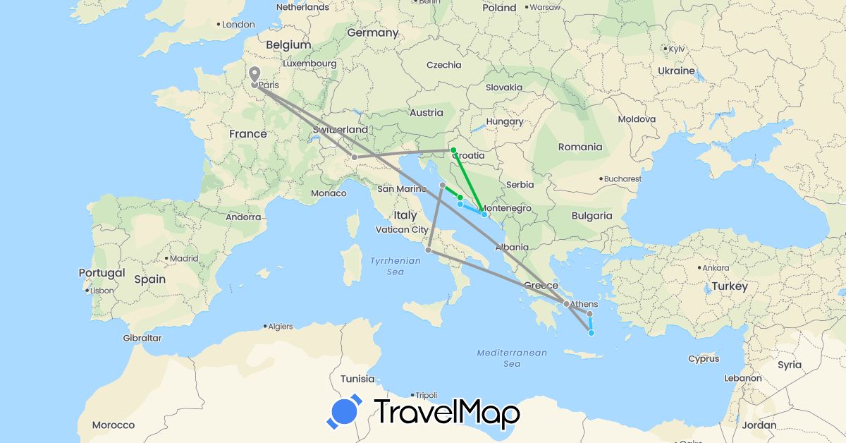 TravelMap itinerary: driving, bus, plane, boat in France, Greece, Croatia, Italy (Europe)
